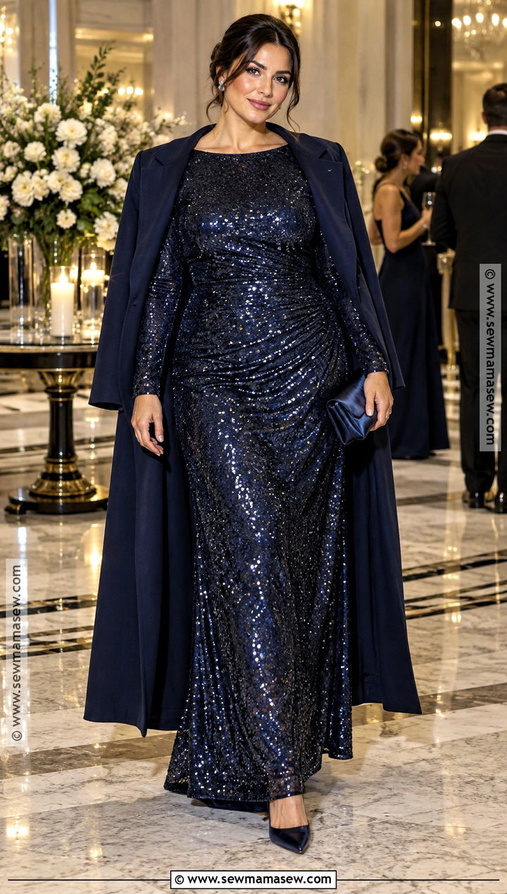 Curvy Midnight Blue Sequin Maxi Dress Outfit - 15 Curvy Dress Wedding Guest Fall Ideas