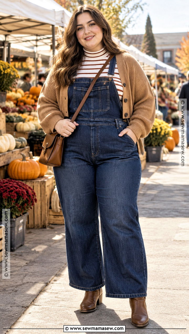 Curvy Overalls And Striped Tee Outfit - 20 Autumn Curvy Outfits