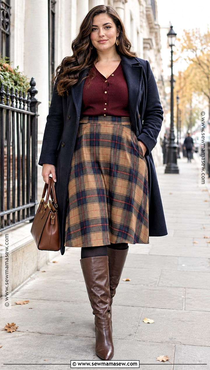 Curvy Plaid Skirt And Fitted Cardigan Outfit - 20 Autumn Curvy Outfits