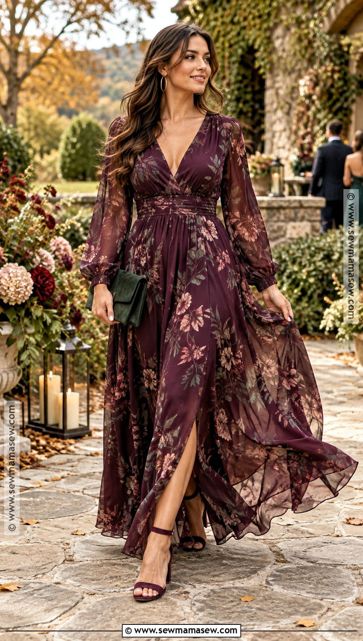 Curvy Plum Floral Chiffon Maxi Dress Outfit - 15 Curvy Dress Wedding Guest Fall Ideas