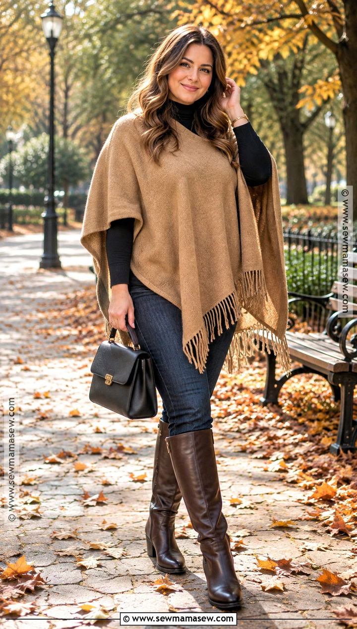 Curvy Poncho And Straight Leg Jeans Outfit - 20 Autumn Curvy Outfits