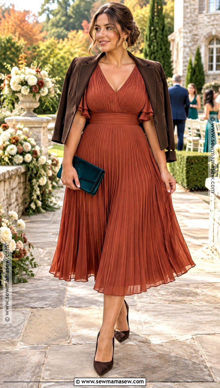 Curvy Rust Pleated Midi Dress Outfit - 15 Curvy Dress Wedding Guest Fall Ideas