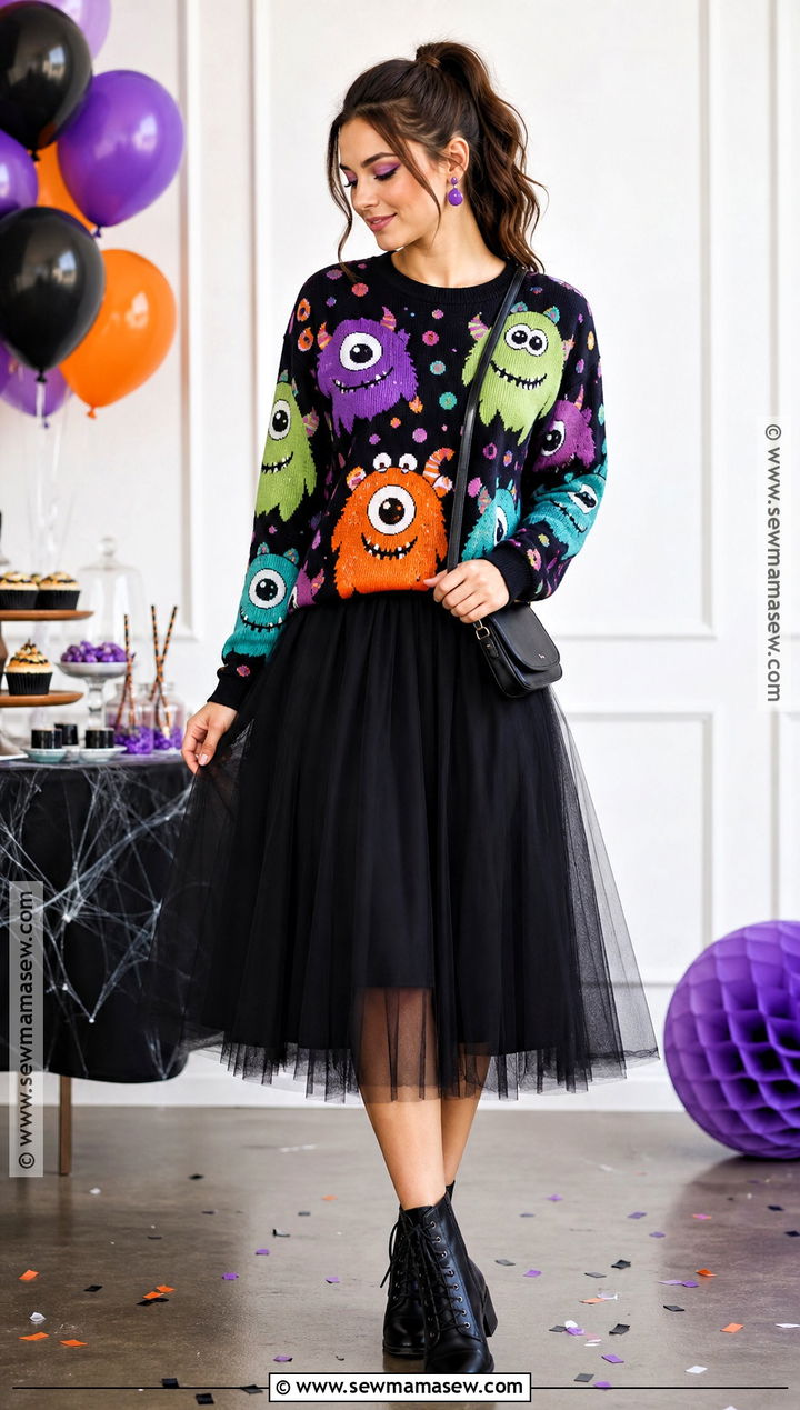 Cute Monster Halloween Sweater With Tulle Skirt - 35 halloween sweater ideas