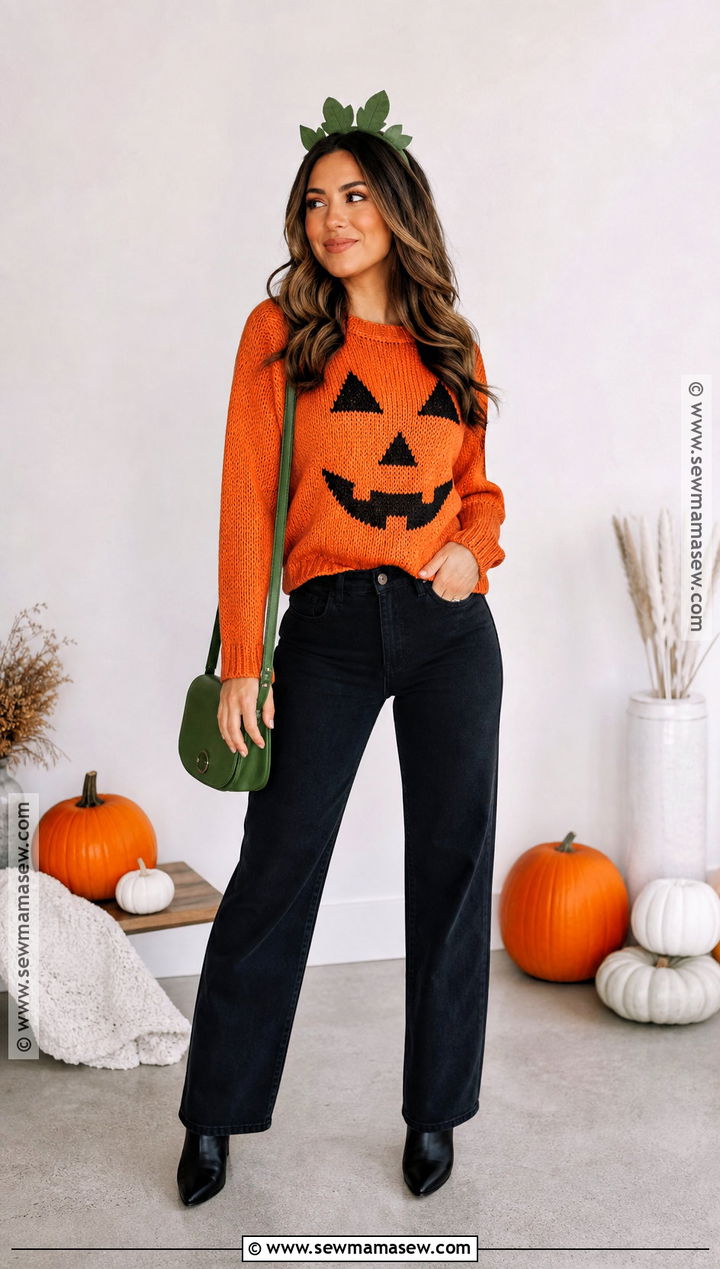 Cute Pumpkin Outfit With Orange Sweater - 30 Easy Halloween Outfits for Women