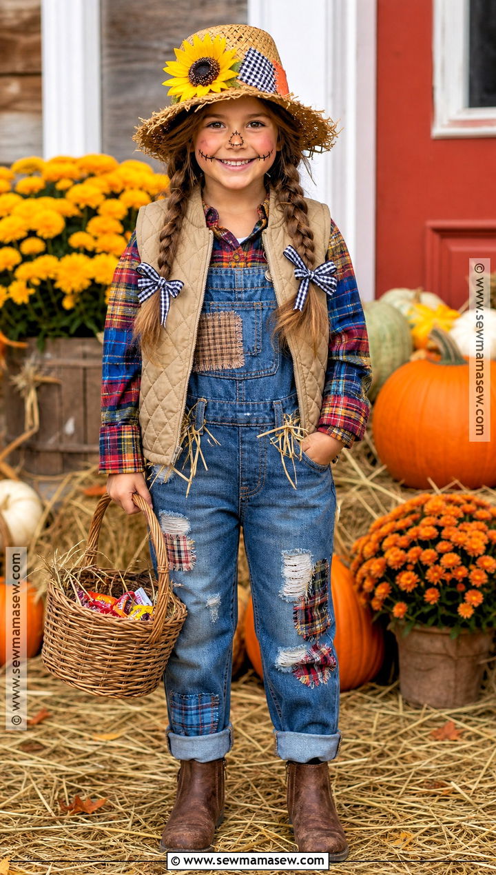 Cute Scarecrow Costume With Overalls - 30 halloween costumes girls for kids