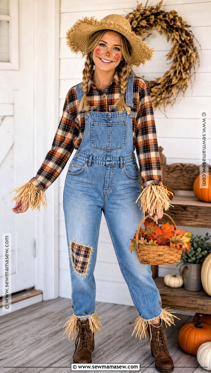 Cute Scarecrow Costume With Plaid Shirt - 50 easy halloween costumes for women