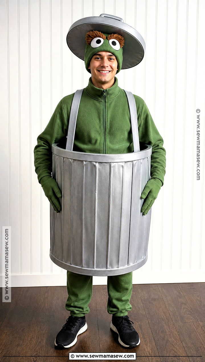 DIY Oscar The Grouch Costume With Cardboard Trash Can - 30 Oscar The Grouch Costume Ideas