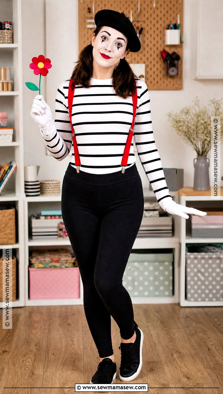 DIY Painted Stripe Mime Costume With Black Leggings - 30 Mime Costume Ideas for Women