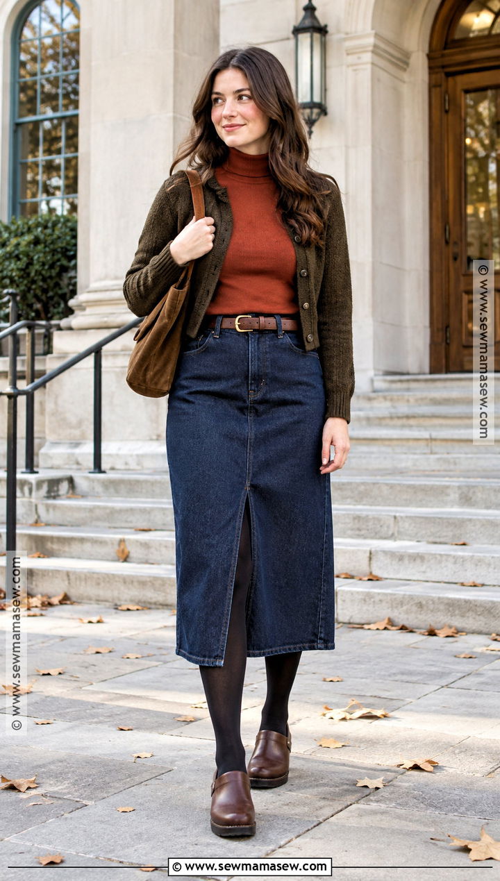 Dansko Clogs With Denim Midi Skirt And Turtleneck - 15 dansko clogs outfit fall ideas