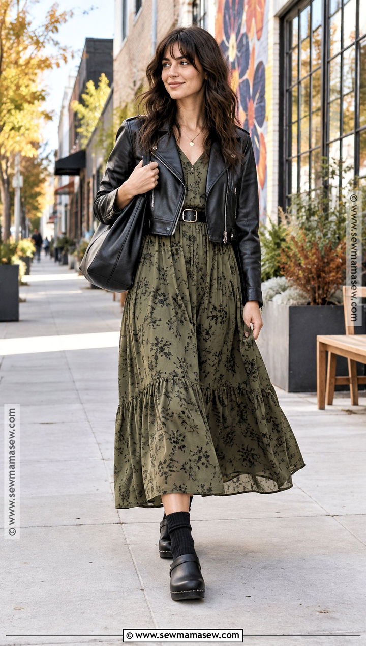 Dansko Clogs With Maxi Dress And Leather Jacket - 15 dansko clogs outfit fall ideas