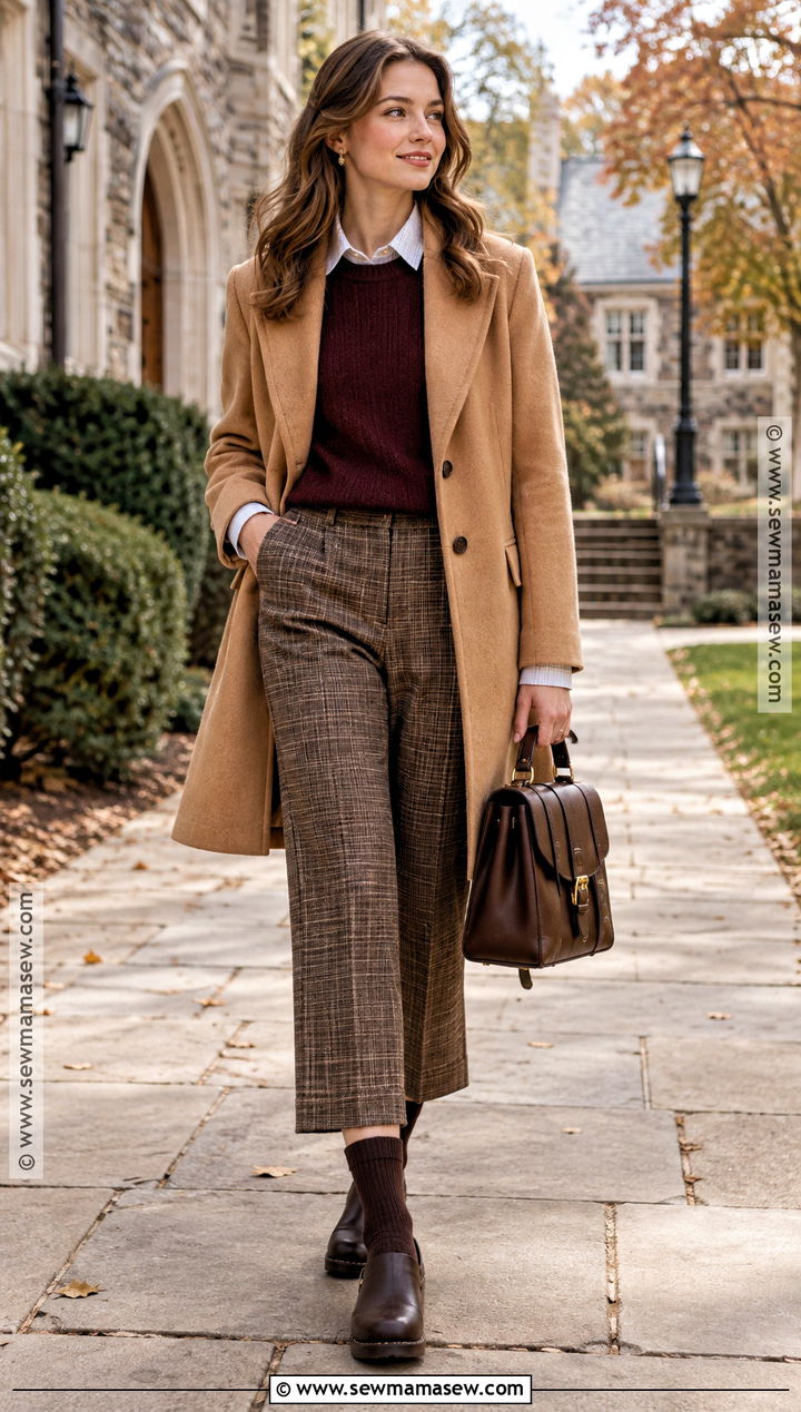 Dansko Clogs With Plaid Trousers And Crewneck Sweater - 15 dansko clogs outfit fall ideas
