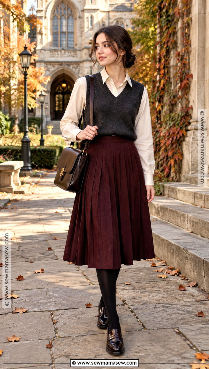 Dark Academia Sweater Vest And Pleated Skirt Outfit - 20 dark fall aesthetic outfits