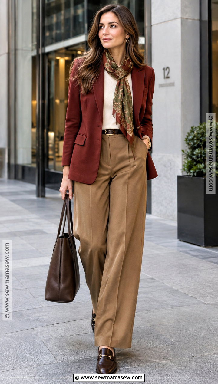 Dark Autumn Brick Red Blazer And Camel Trousers Outfit - 20 Dark Autumn Outfits Color Palettes