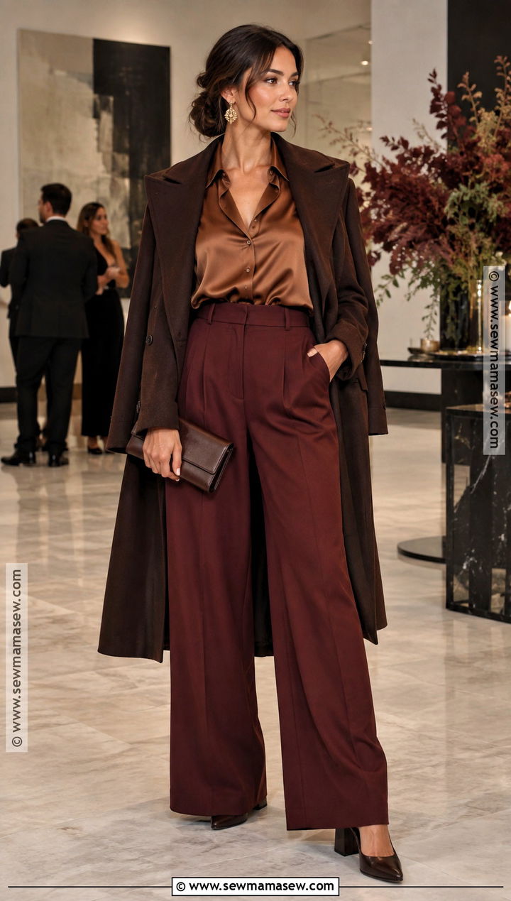 Dark Autumn Bronze Blouse And Burgundy Pants Outfit - 20 dark autumn style ideas