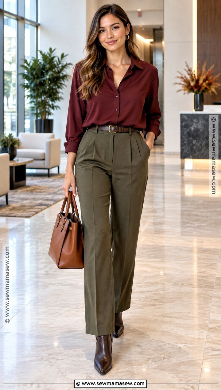 Dark Autumn Burgundy Blouse and Olive Pants Outfit - 25 Dark Autumn Capsule Wardrobe Ideas