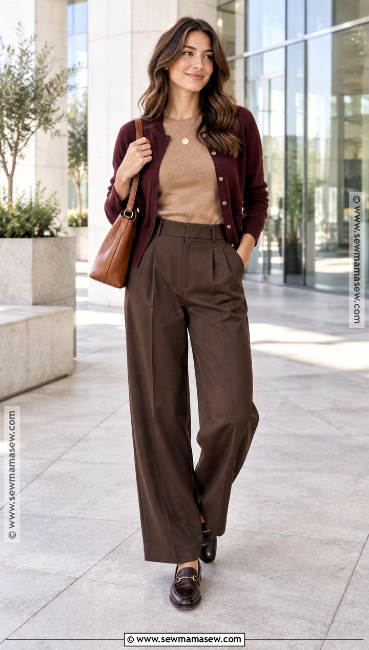 Dark Autumn Burgundy Cardigan And Brown Trousers Outfit - 15 dark autumn outfits casual