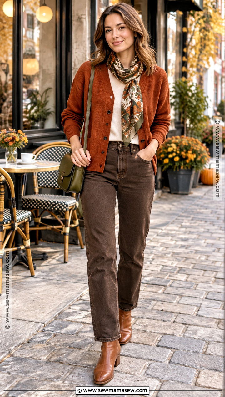 Dark Autumn Burnt Orange Cardigan And Brown Jeans Outfit - 20 Dark Autumn Outfit Ideas