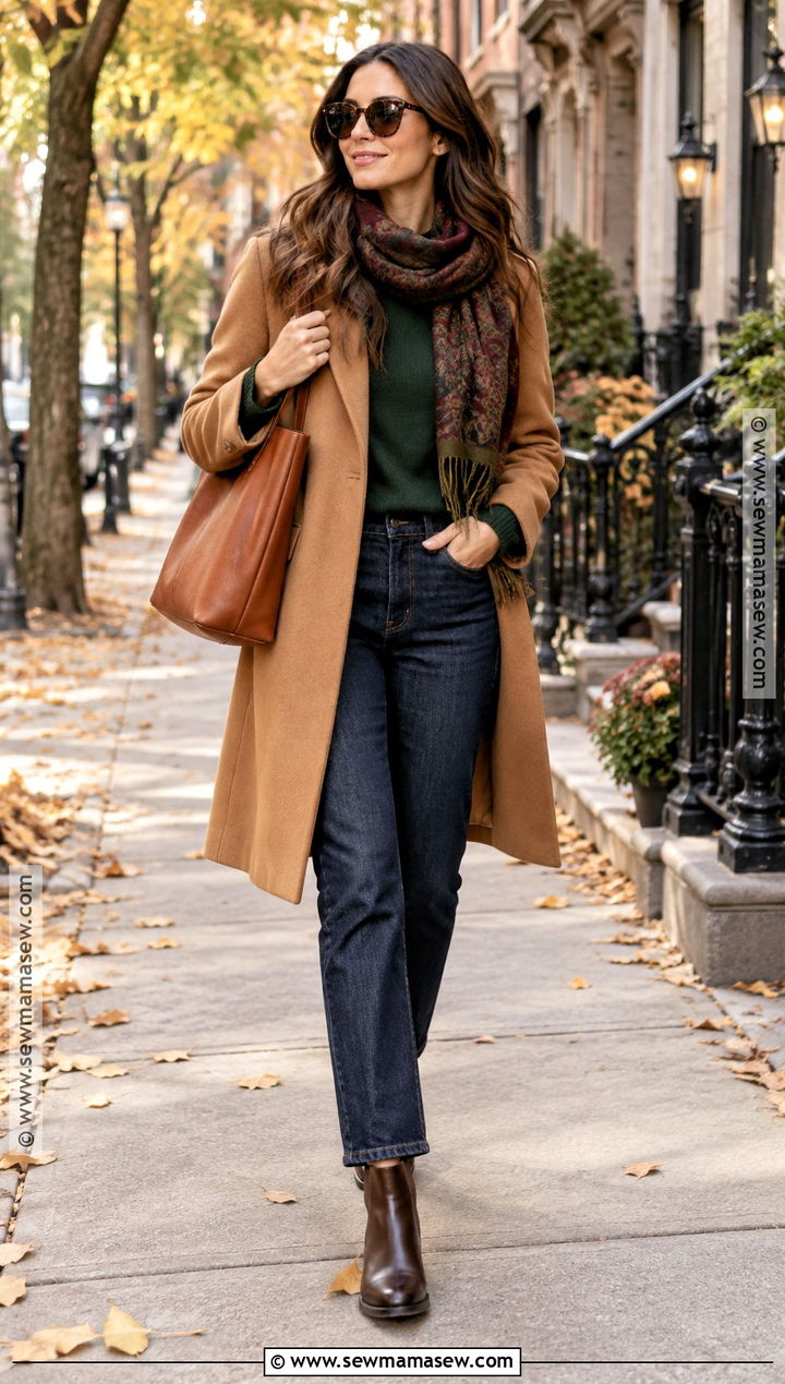 Dark Autumn Camel Coat And Green Sweater Outfit - 20 dark autumn style ideas