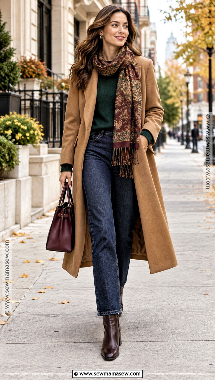 Dark Autumn Camel Coat and Dark Wash Jeans Outfit - 25 Dark Autumn Capsule Wardrobe Ideas