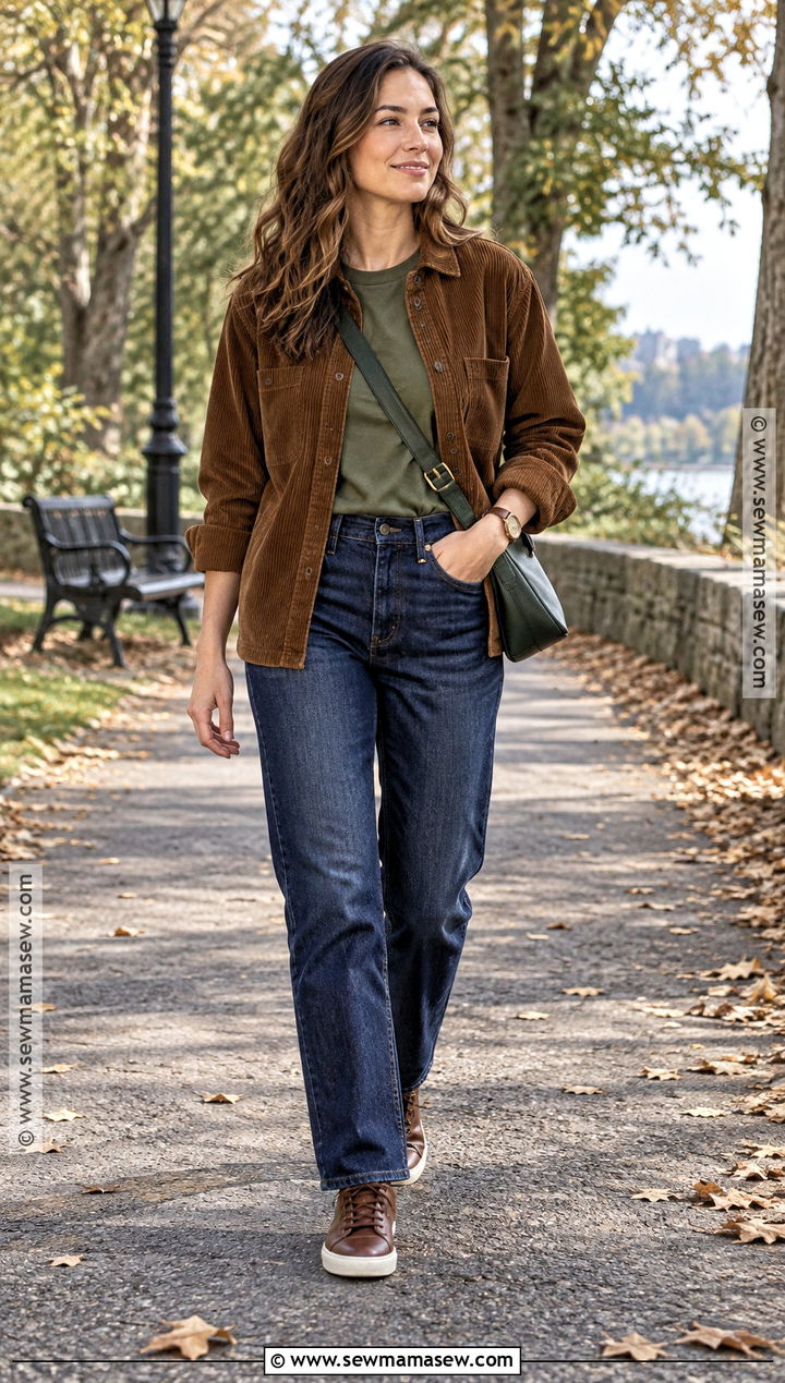 Dark Autumn Corduroy Overshirt And Jeans Outfit - 20 dark autumn style ideas
