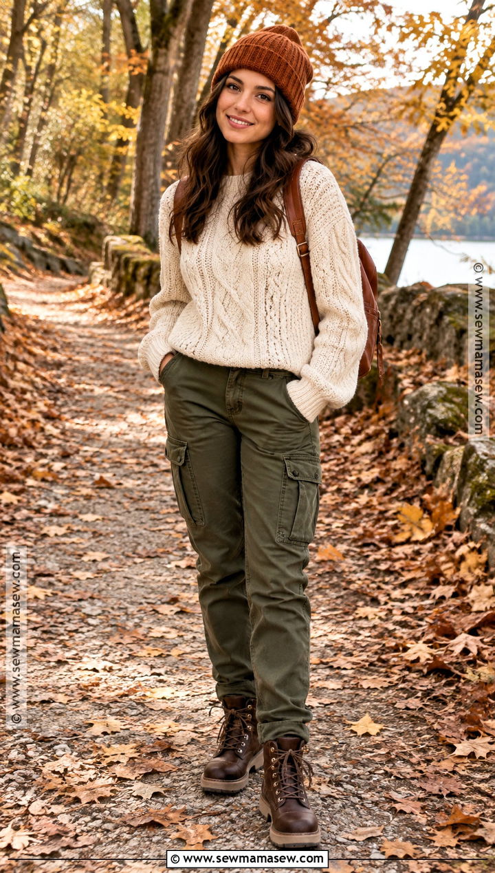 Dark Autumn Cream Sweater And Olive Cargo Pants Outfit - 15 dark autumn outfits casual