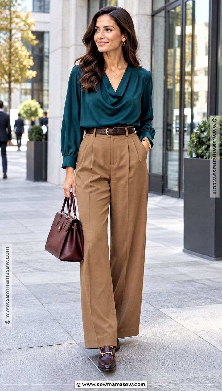 Dark Autumn Deep Teal Blouse And Camel Pants Outfit - 20 Dark Autumn Outfits Style