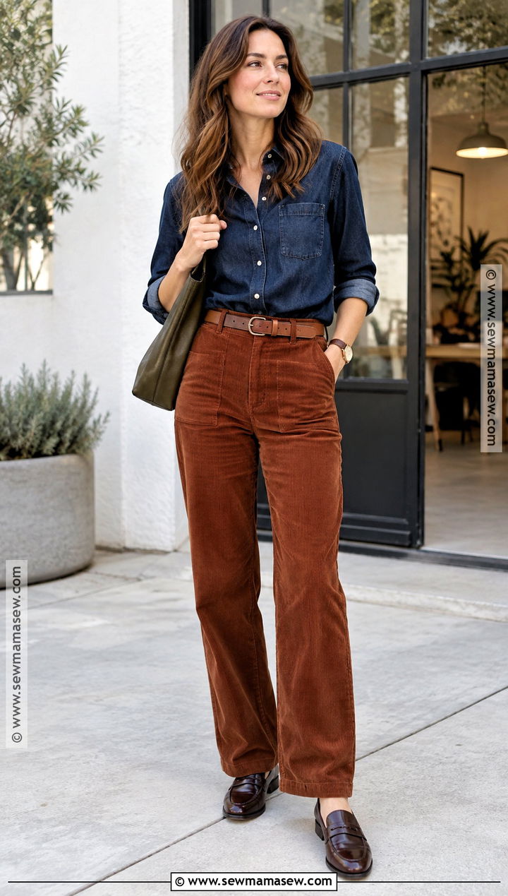 Dark Autumn Denim Shirt And Rust Corduroy Pants Outfit - 20 Dark Autumn Outfit Ideas