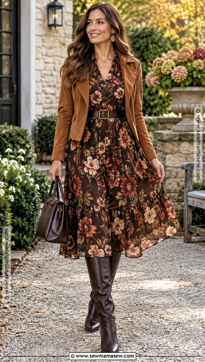 Dark Autumn Floral Dress And Brown Boots Outfit - 20 Dark Autumn Outfits Color Palettes