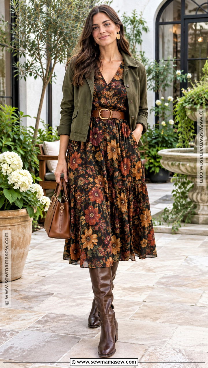 Dark Autumn Floral Midi Dress Outfit - 15 Dark Autumn Clothing Ideas