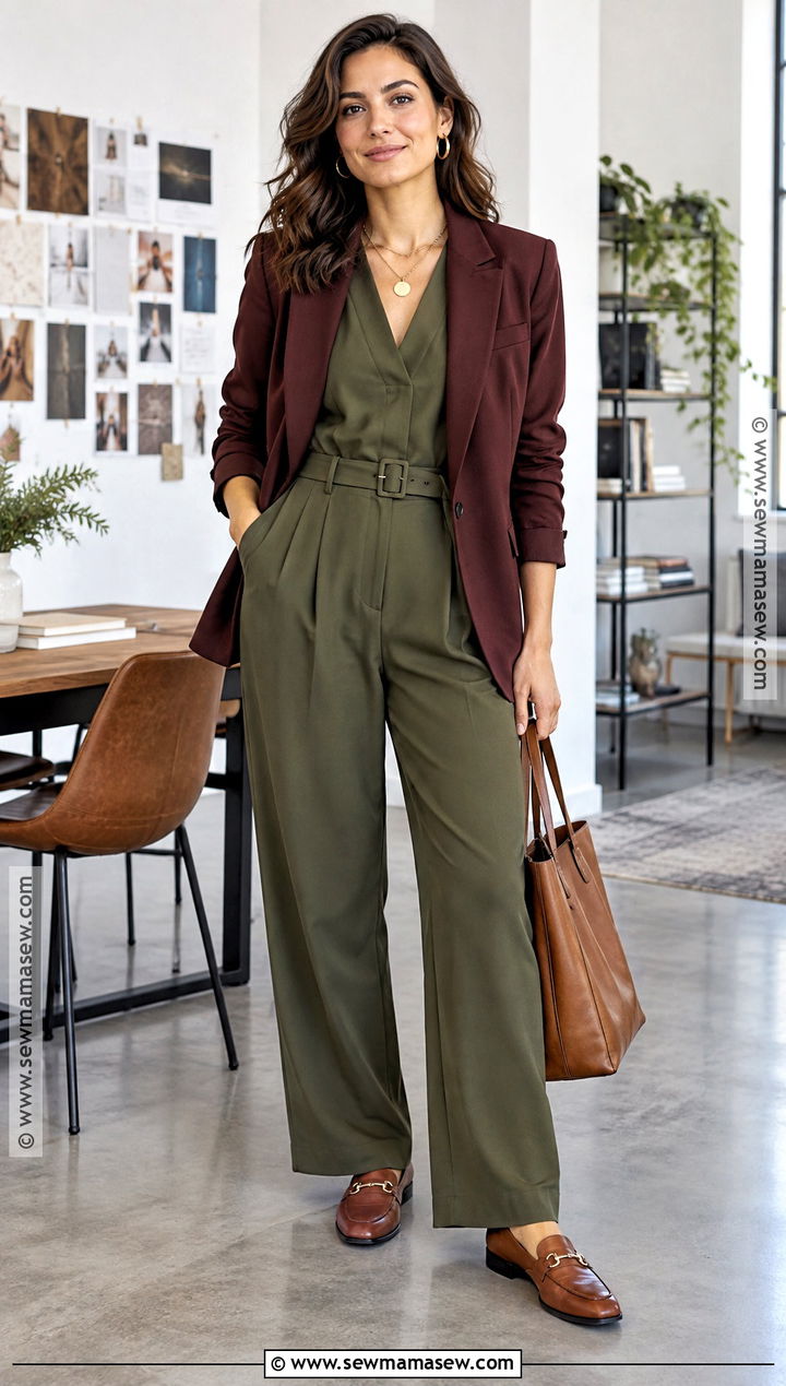 Dark Autumn Jumpsuit and Blazer Outfit - 25 Dark Autumn Capsule Wardrobe Ideas