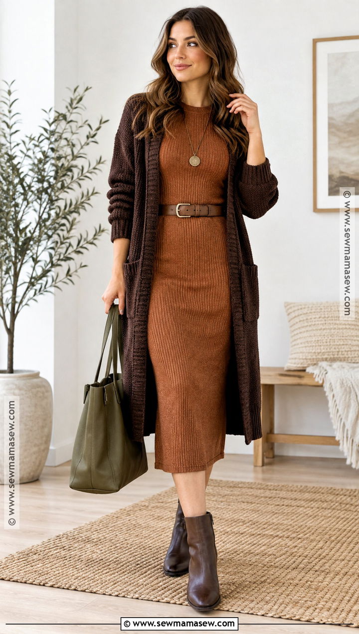 Dark Autumn Knit Dress and Long Cardigan Outfit - 25 Dark Autumn Capsule Wardrobe Ideas