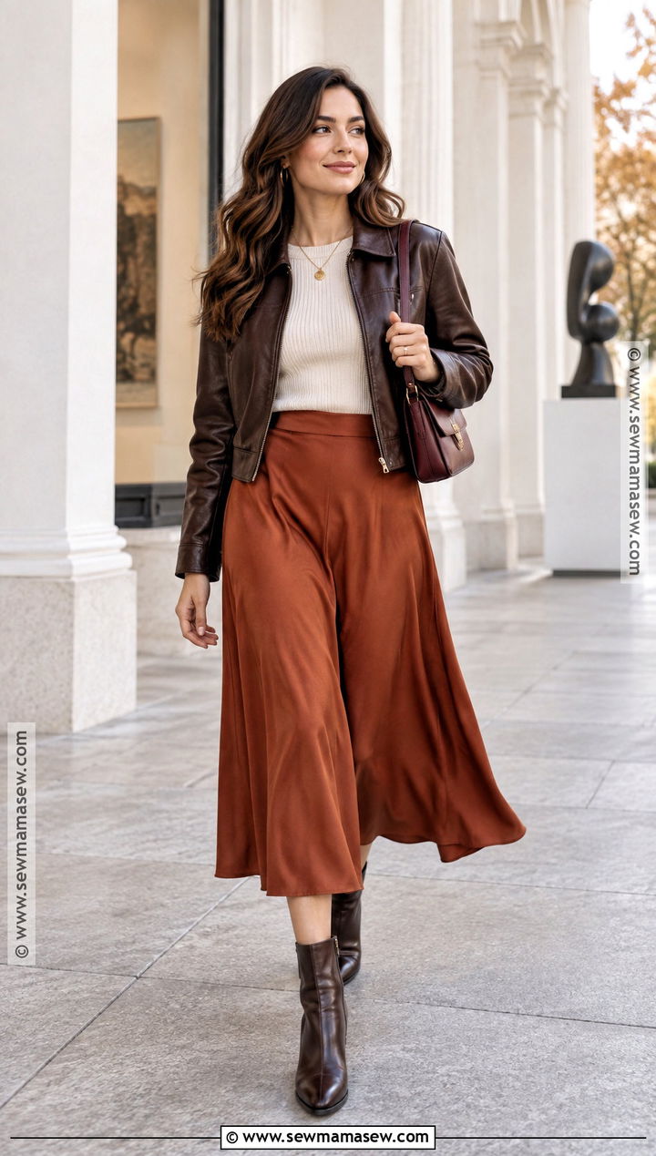 Dark Autumn Leather Jacket And Rust Skirt Outfit - 20 dark autumn style ideas