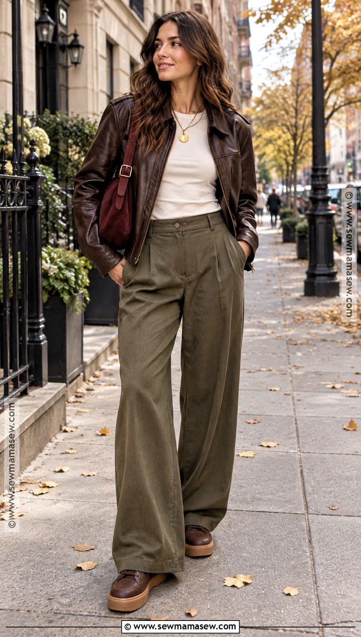 Dark Autumn Leather Jacket And Wide Leg Pants Outfit - 15 dark autumn outfits casual
