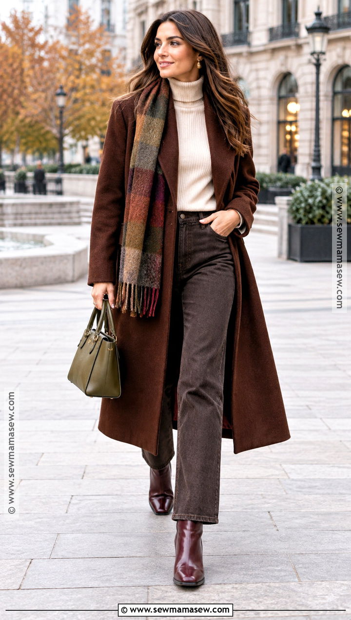 Dark Autumn Mahogany Coat And Cream Knit Outfit - 20 Dark Autumn Outfits Style