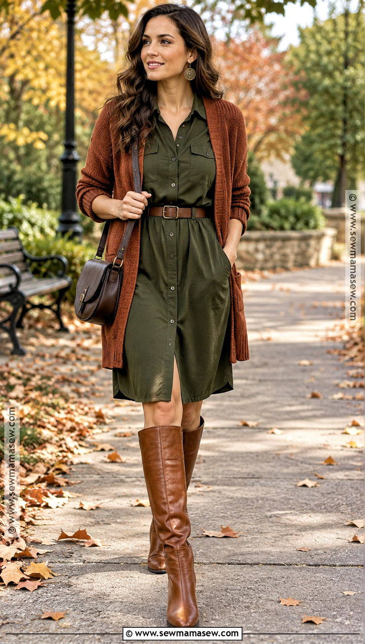 Dark Autumn Moss Green Dress And Cognac Boots Outfit - 20 Dark Autumn Outfits Color Palettes
