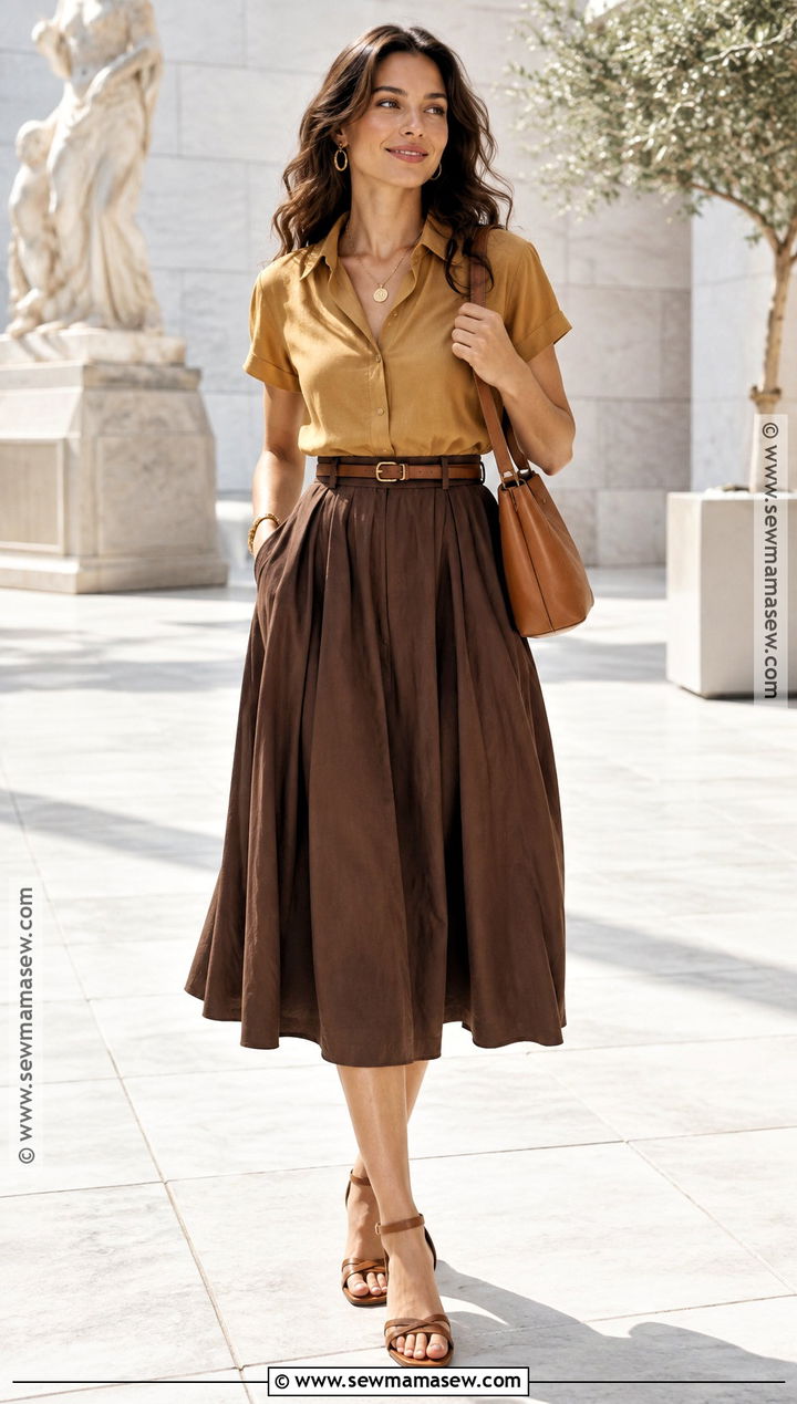 Dark Autumn Mustard Blouse And Brown Skirt Outfit - 25 dark autumn outfits for summer