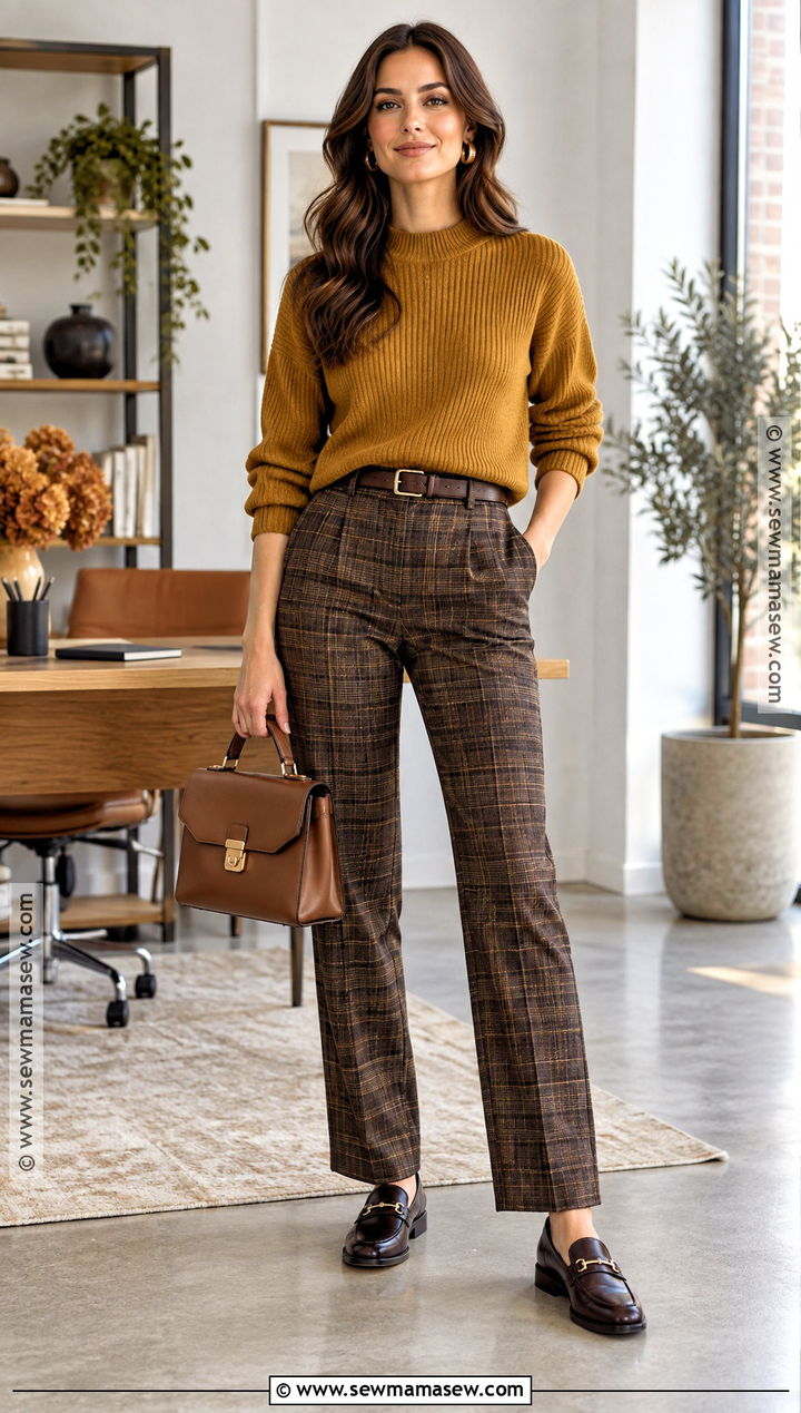 Dark Autumn Mustard Sweater And Plaid Trousers Outfit - 20 dark autumn style ideas