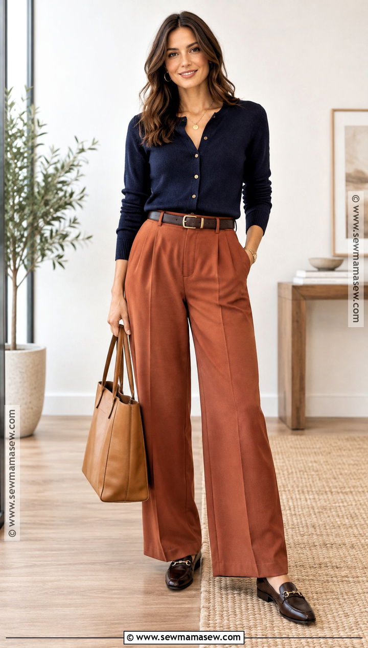 Dark Autumn Navy Cardigan And Terracotta Pants Outfit - 20 dark autumn style ideas