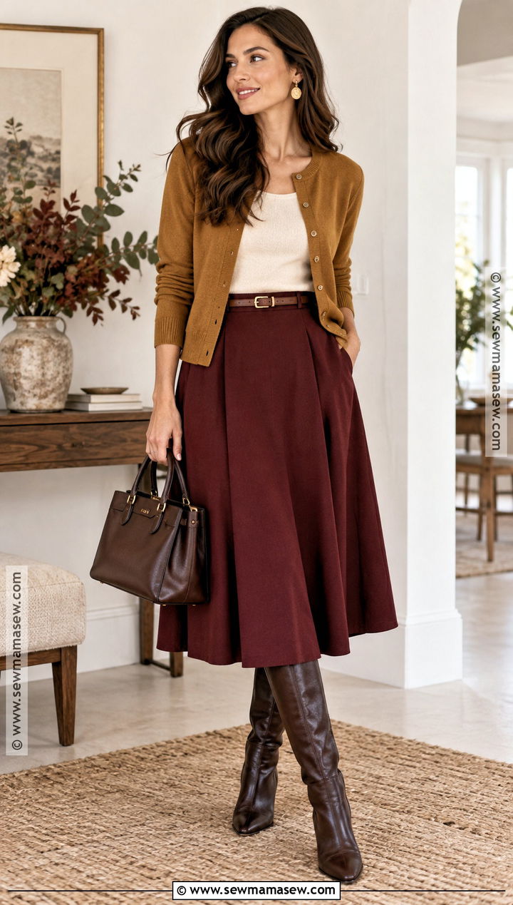 Dark Autumn Ochre Cardigan And Burgundy Skirt Outfit - 20 Dark Autumn Outfits Color Palettes