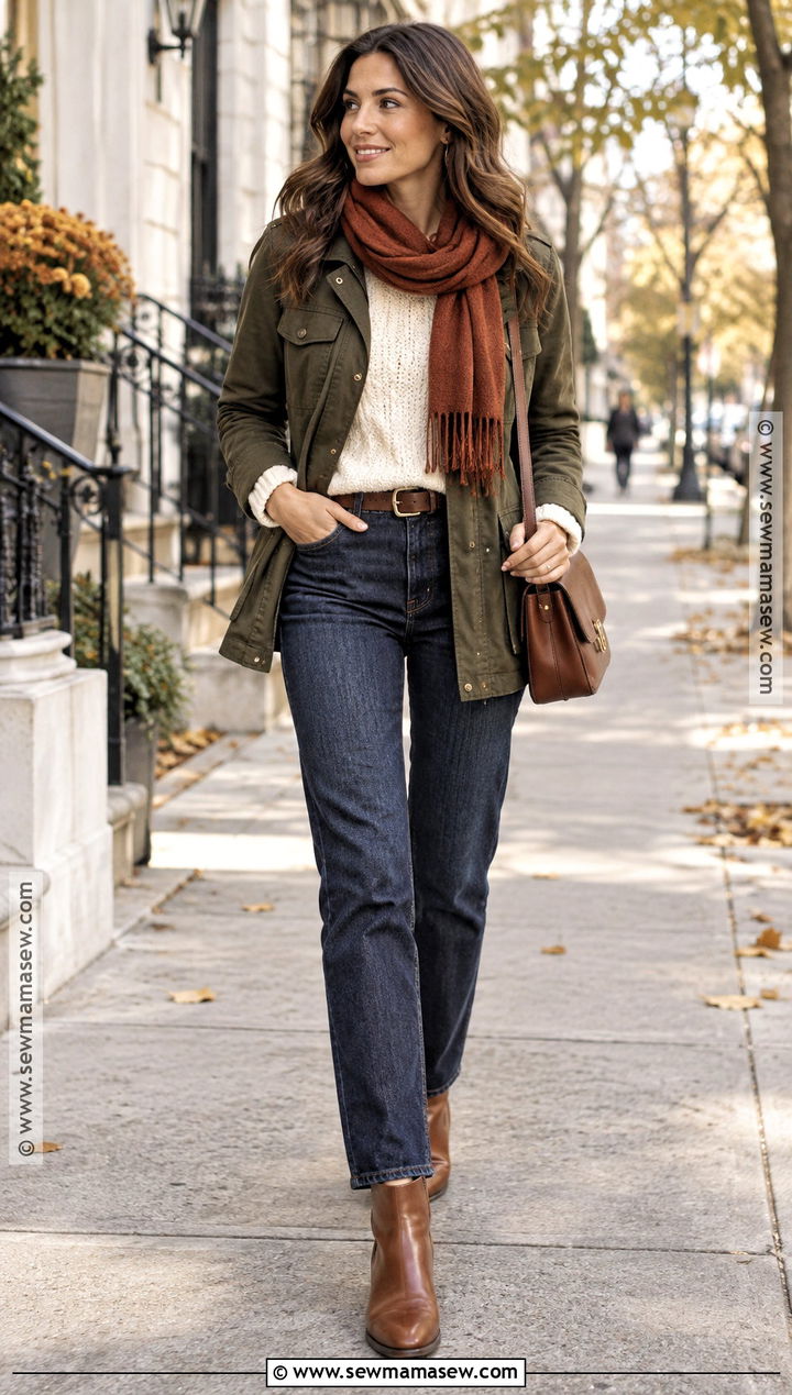 Dark Autumn Olive Jacket And Cream Knit Outfit - 20 Dark Autumn Outfits Color Palettes