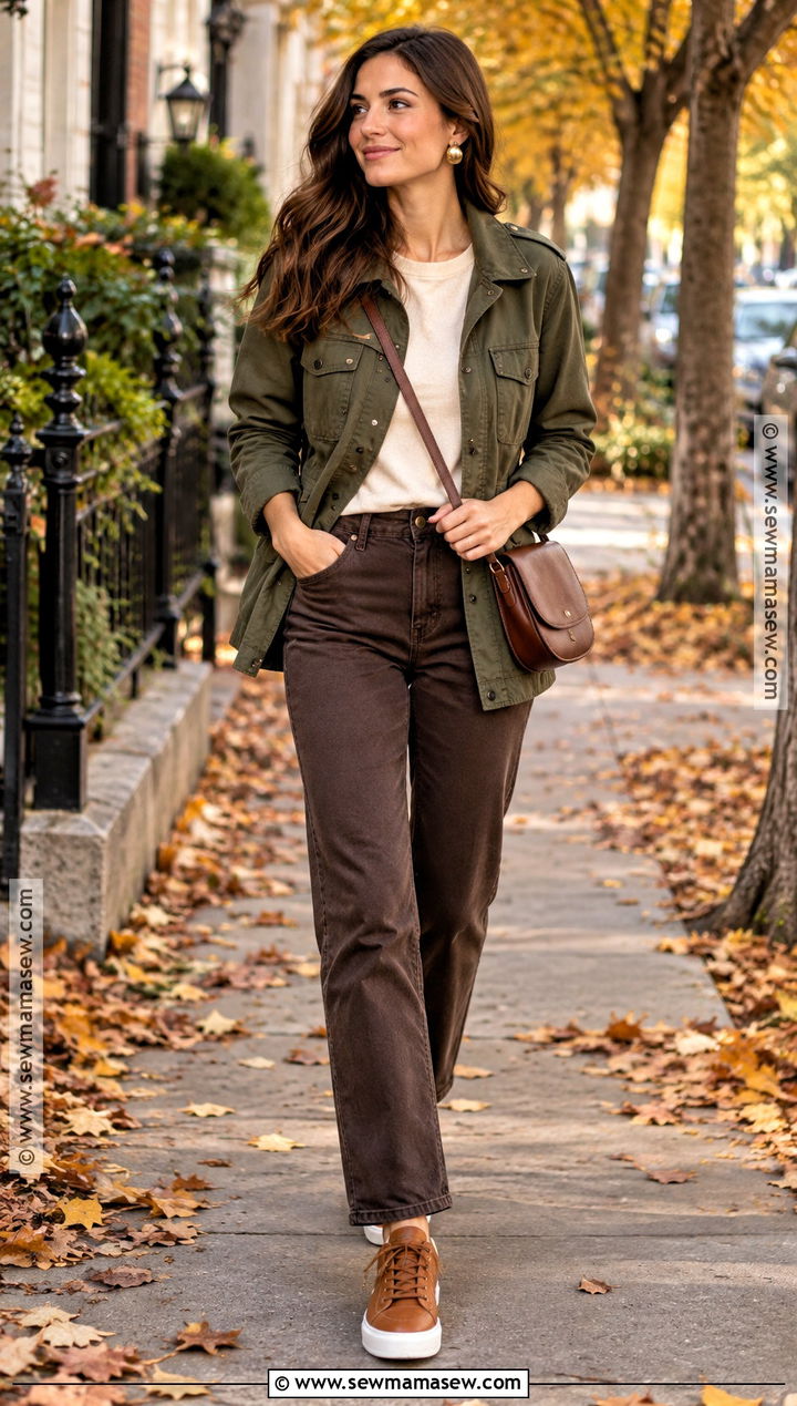 Dark Autumn Olive Jacket And Espresso Jeans Outfit - 15 dark autumn outfits casual
