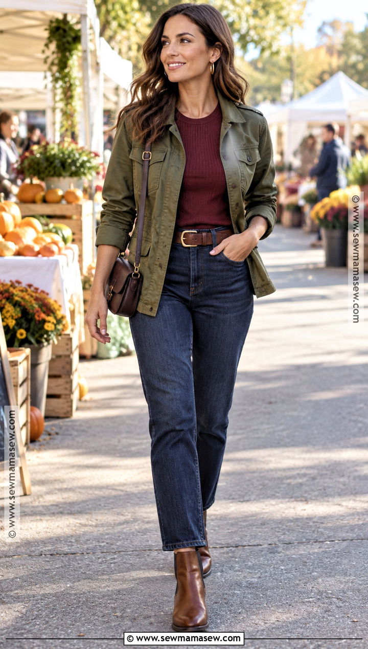 Dark Autumn Olive Jacket And Merlot Top Outfit - 20 Dark Autumn Outfit Ideas