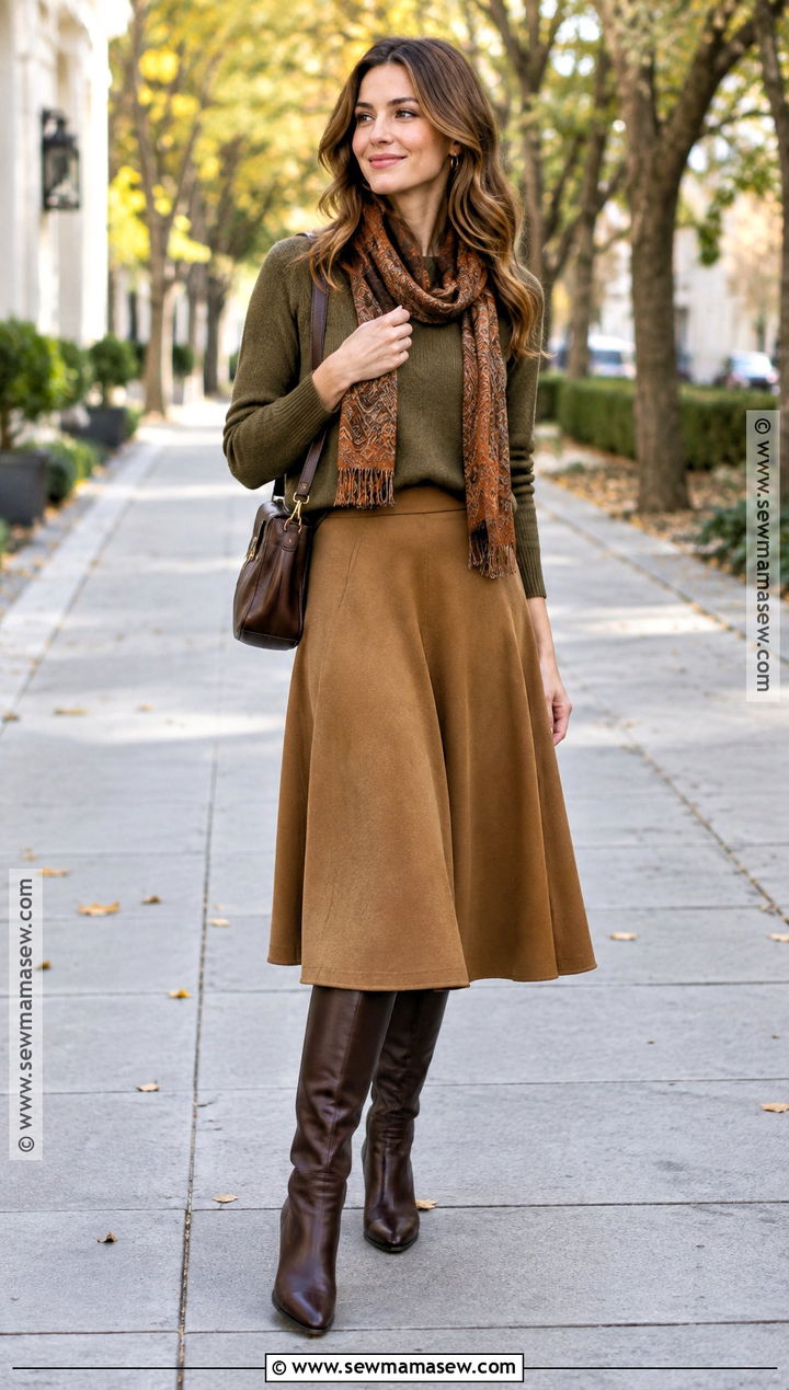Dark Autumn Olive Sweater And Caramel Skirt Outfit - 20 dark autumn style ideas