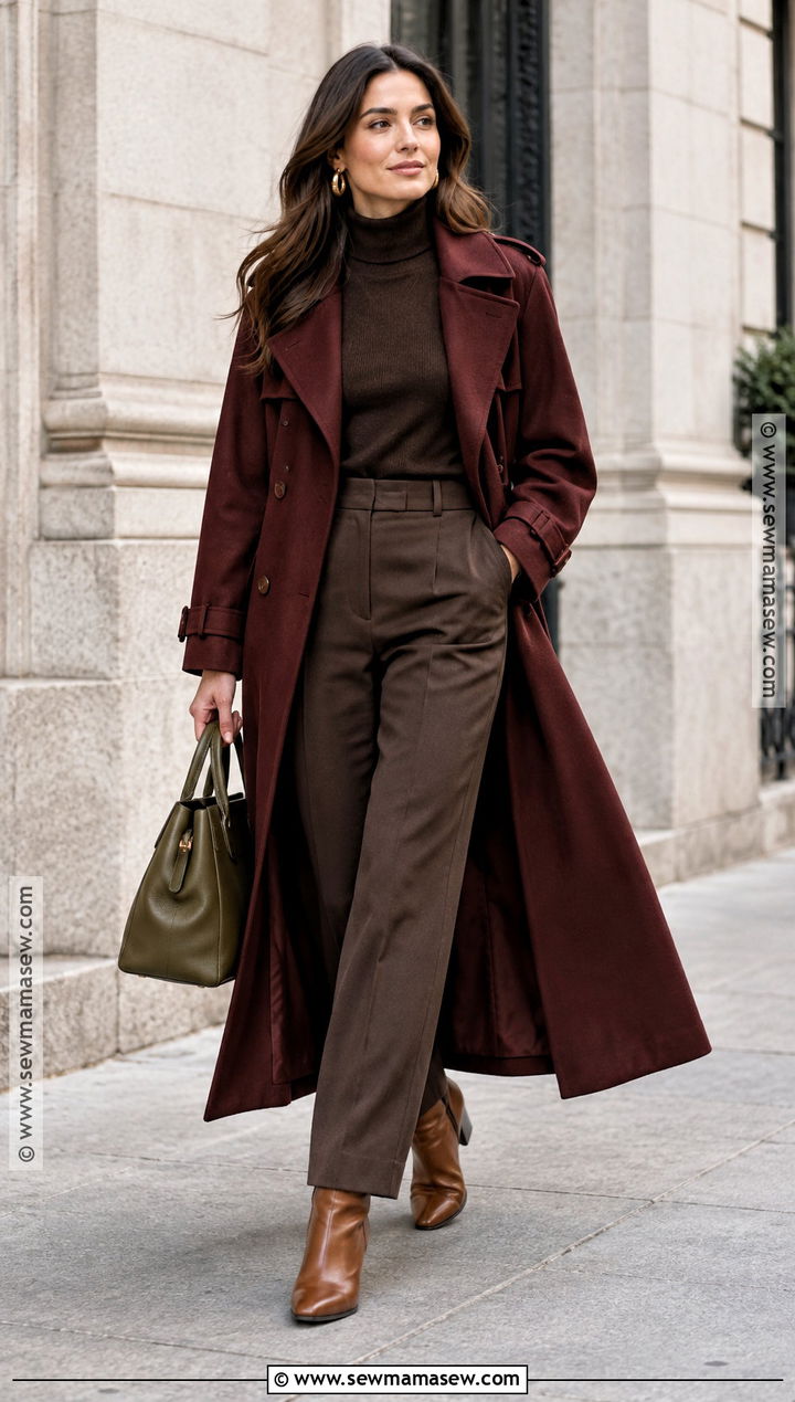 Dark Autumn Oxblood Trench And Chocolate Outfit - 20 Dark Autumn Outfit Ideas