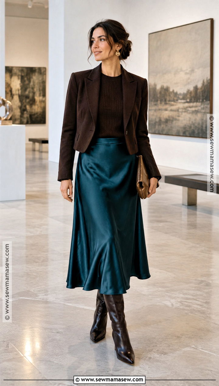 Dark Autumn Peacock Satin Skirt Outfit - 15 Dark Autumn Color Clothes