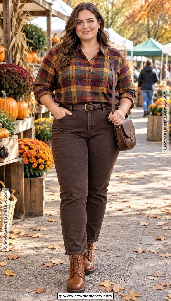 Dark Autumn Plaid Shirt And Brown Denim Outfit - 15 dark autumn outfits casual
