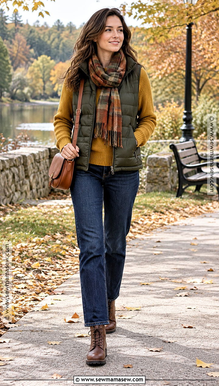 Dark Autumn Puffer Vest and Sweater Outfit - 25 Dark Autumn Capsule Wardrobe Ideas