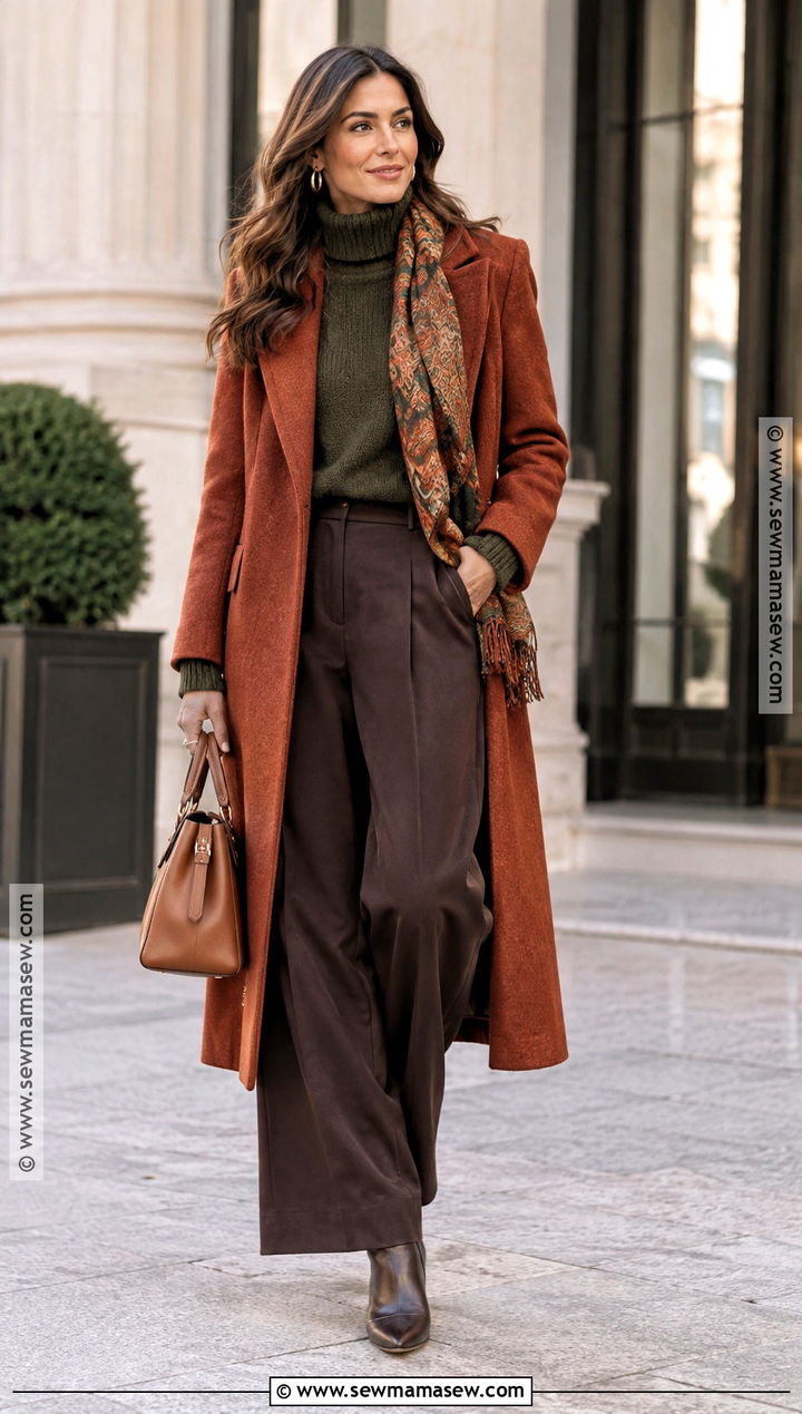 Dark Autumn Rust Coat And Olive Sweater Outfit - 20 Dark Autumn Outfit Ideas