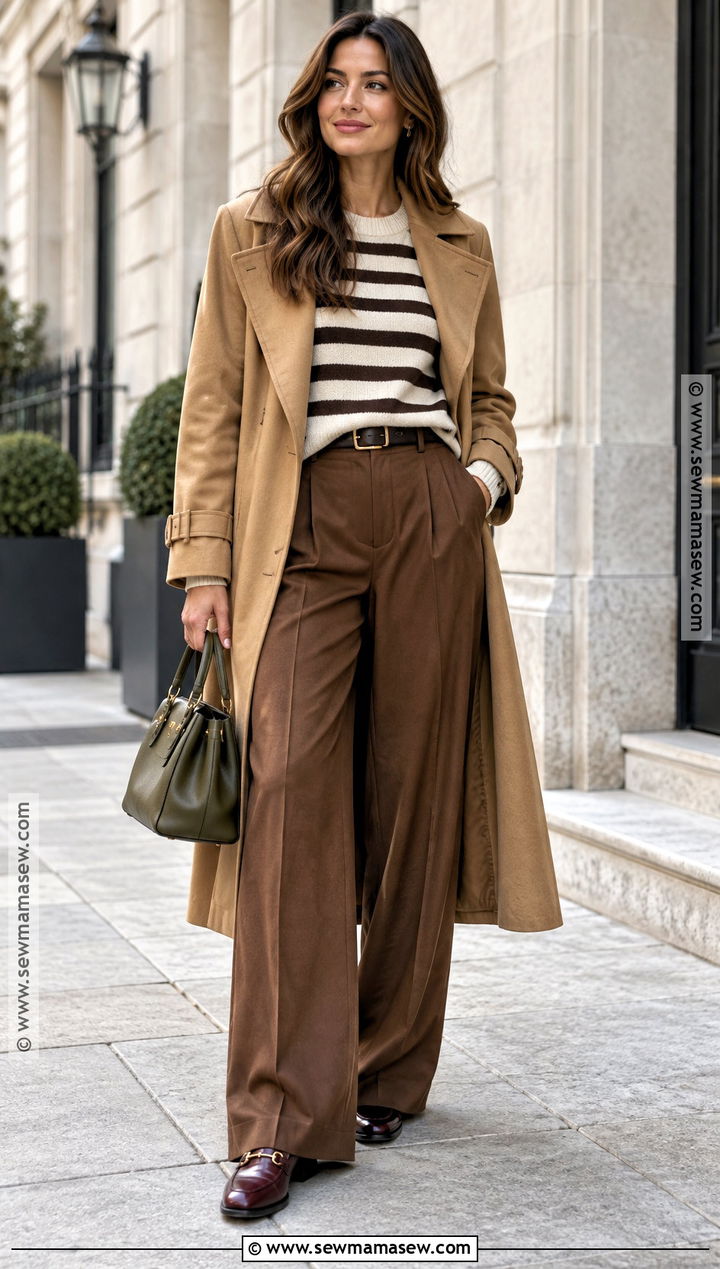 Dark Autumn Striped Sweater and Brown Pants Outfit - 25 Dark Autumn Capsule Wardrobe Ideas