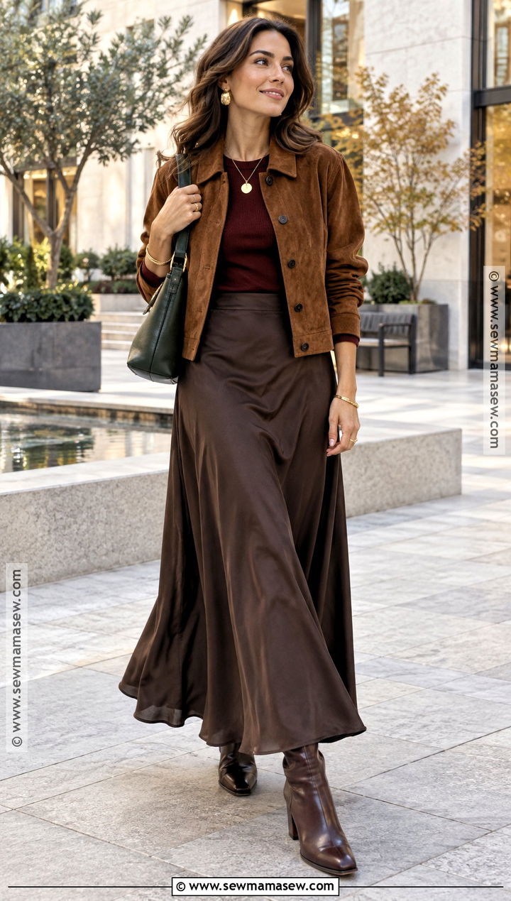 Dark Autumn Suede Jacket and Maxi Skirt Outfit - 25 Dark Autumn Capsule Wardrobe Ideas